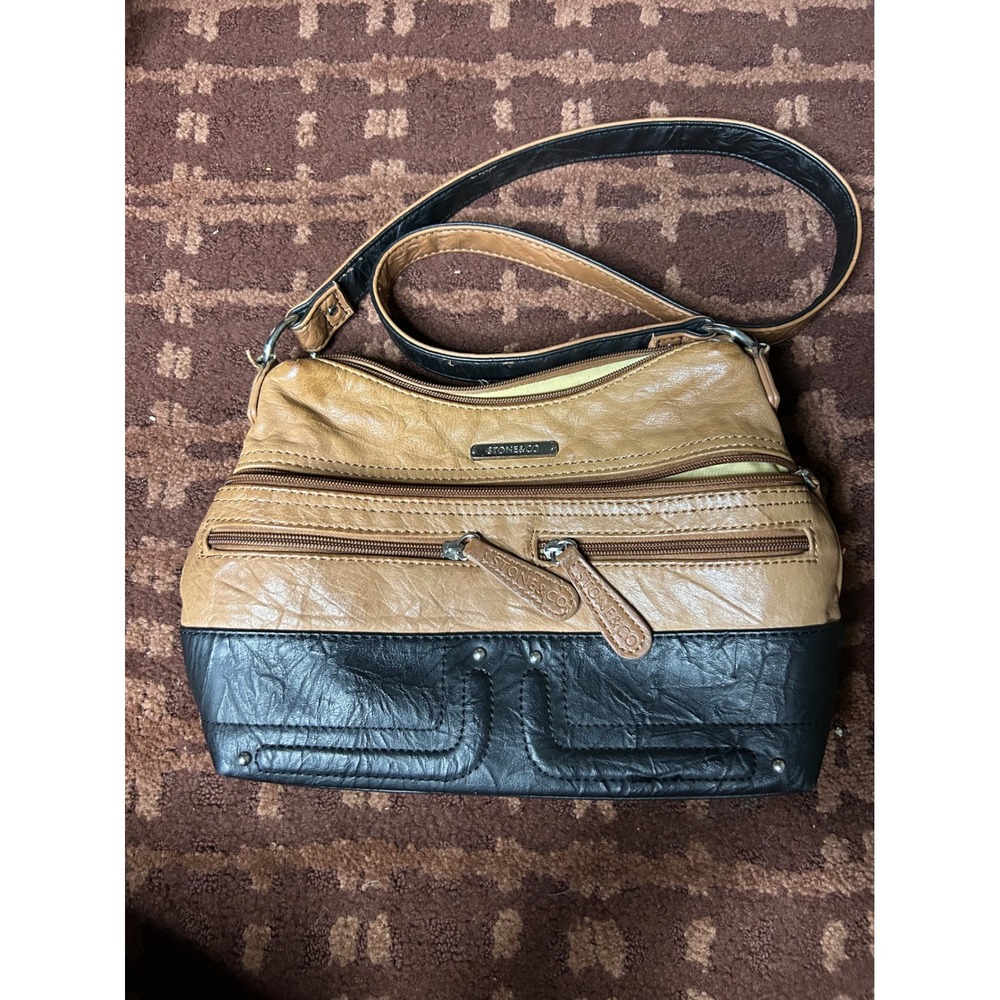 Stone & Co. Shoulder Bag Tan Brown Black‎ Faux Leather Zip Pocket Purse